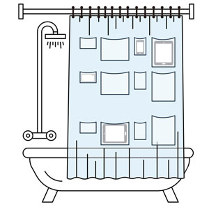 Gavetips: Dusjforheng med holder til nettbrett og telefon